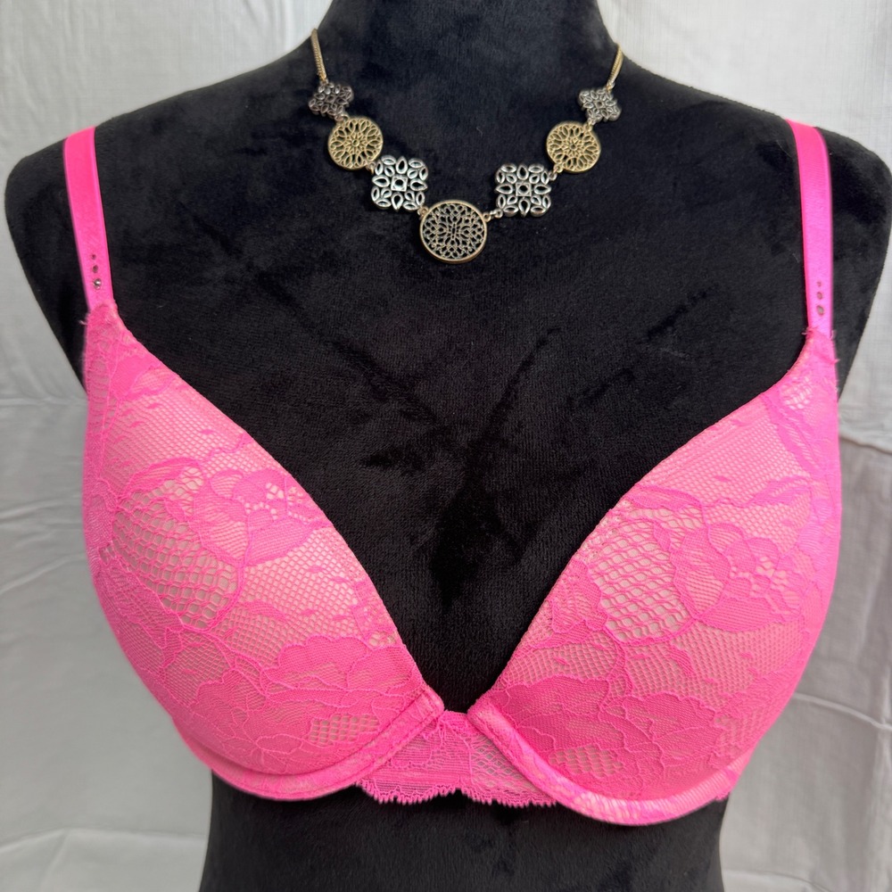 Victoria Secret Biofit Demi Uplift Bra 34D Pink Lace Rhinestone Women's